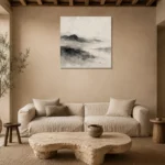 Misty Horizon Ink Nautical Wall Art Canvas Print presented in a sophisticated home setting