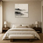 Misty Horizon Ink Nautical Wall Art Canvas Print showcased in an elegant minimalist interior