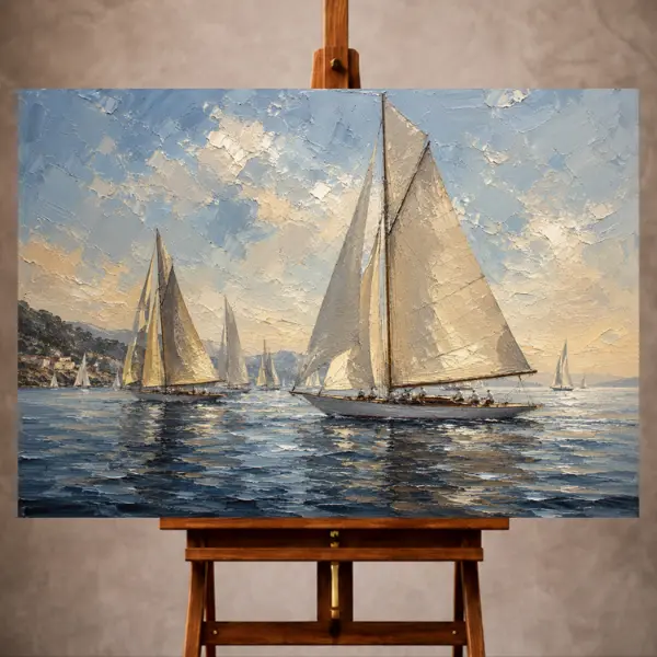 Premium Wall Art Yatay Html Edition – SEAWALL056 Image 1 Coastal Nautical Wall Art print featuring classic sailing yachts with white sails gliding across calm morning waters for elegant maritime interiors