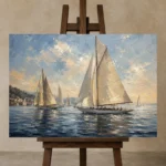 Classic Sailing Yachts Nautical Wall Art Canvas Print displayed on a studio easel
