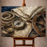 Classic Nautical Wall Art print featuring an antique brass compass, ship wheel, sailing rope, and vintage nautical charts for elegant coastal interiors