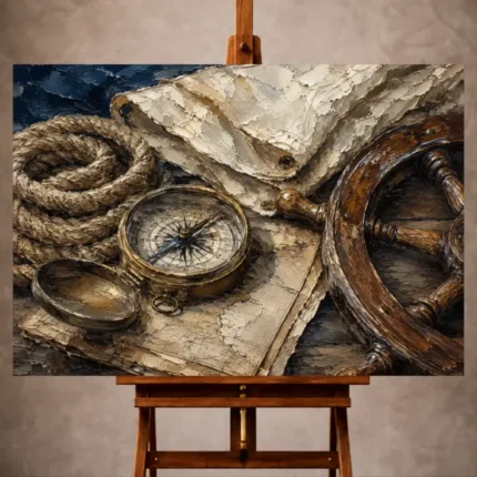 Classic Nautical Wall Art print featuring an antique brass compass, ship wheel, sailing rope, and vintage nautical charts for elegant coastal interiors
