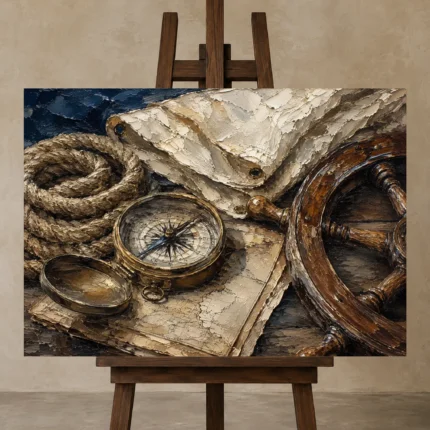 Maritime Heritage Still Life Nautical Wall Art Canvas Print displayed on a studio easel