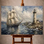 Elegant Nautical Wall Art print featuring a tall ship sailing past a weathered lighthouse into a peaceful harbor beneath expansive coastal skies