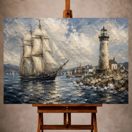 Elegant Nautical Wall Art print featuring a tall ship sailing past a weathered lighthouse into a peaceful harbor beneath expansive coastal skies