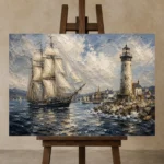Tall Ship Harbor Nautical Wall Art Canvas Print displayed on a studio easel
