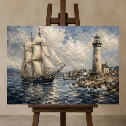 Tall Ship Harbor Nautical Wall Art Canvas Print displayed on a studio easel