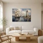 Tall Ship Harbor Nautical Wall Art Canvas Print styled in a refined neutral interior