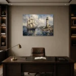 Tall Ship Harbor Nautical Wall Art Canvas Print displayed in a contemporary gallery-inspired room