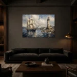 Tall Ship Harbor Nautical Wall Art Canvas Print shown in a warm modern interior