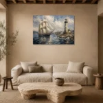 Tall Ship Harbor Nautical Wall Art Canvas Print presented in a sophisticated home setting