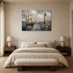 Tall Ship Harbor Nautical Wall Art Canvas Print showcased in an elegant minimalist interior