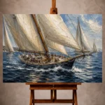 Panoramic Nautical Wall Art print featuring classic sailboats with billowing linen sails crossing tranquil blue waters for elegant coastal interiors