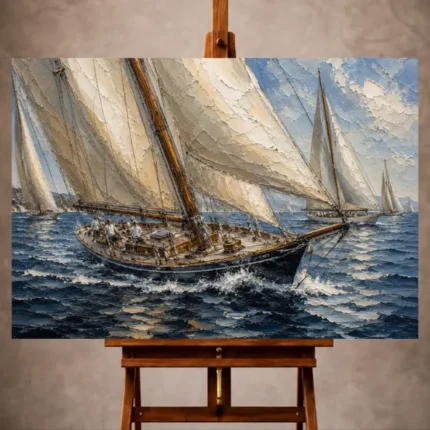 Panoramic Nautical Wall Art print featuring classic sailboats with billowing linen sails crossing tranquil blue waters for elegant coastal interiors