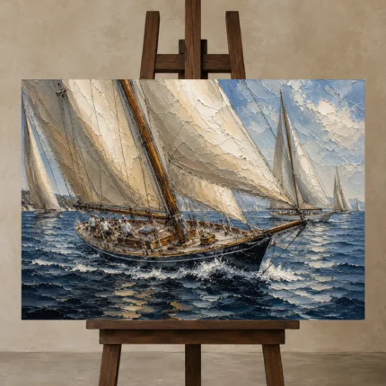 Panoramic Classic Sailboats Nautical Wall Art Canvas Print displayed on a studio easel