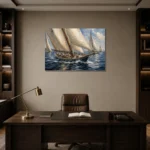 Panoramic Classic Sailboats Nautical Wall Art Canvas Print displayed in a contemporary gallery-inspired room