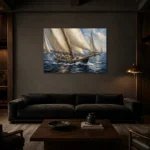 Panoramic Classic Sailboats Nautical Wall Art Canvas Print shown in a warm modern interior