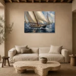 Panoramic Classic Sailboats Nautical Wall Art Canvas Print presented in a sophisticated home setting