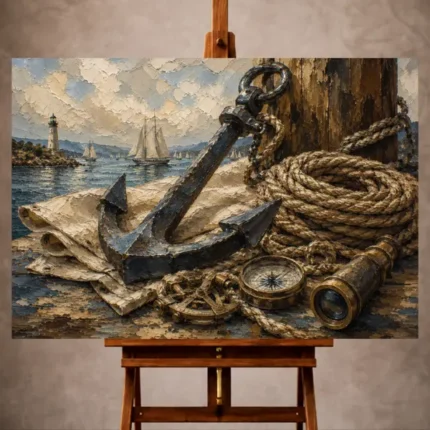 Elegant Nautical Wall Art print featuring a weathered iron anchor, coiled sailing rope, vintage nautical instruments, and polished timber for refined coastal interiors