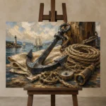 Coastal Anchor Still Life Nautical Wall Art Canvas Print displayed on a studio easel