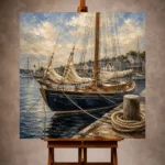 Elegant Nautical Wall Art print featuring a classic wooden sailboat with furled ivory sails resting in a tranquil harbor for refined coastal interiors