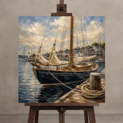 Classic Wooden Sailboat Nautical Wall Art Canvas Print shown in Studio Easel