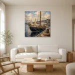 Classic Wooden Sailboat Nautical Wall Art Canvas Print styled in a refined neutral interior
