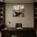 Classic Wooden Sailboat Nautical Wall Art Canvas Print displayed in a contemporary gallery-inspired room