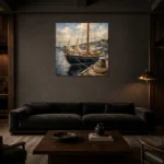 Classic Wooden Sailboat Nautical Wall Art Canvas Print shown in a warm modern interior