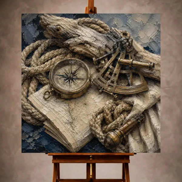 Premium Wall Art Kare Html Edition – SEAWALL062 Image 1 Elegant Nautical Wall Art print featuring a polished brass compass, antique sextant, sailing rope, nautical chart, and driftwood for refined coastal interiors