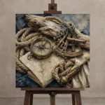 Brass Compass Still Life Nautical Wall Art Canvas Print displayed on a studio easel