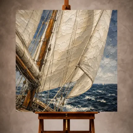 Elegant Nautical Wall Art print featuring close-up ivory sails, polished wooden mast, and graceful rigging above deep blue coastal waters