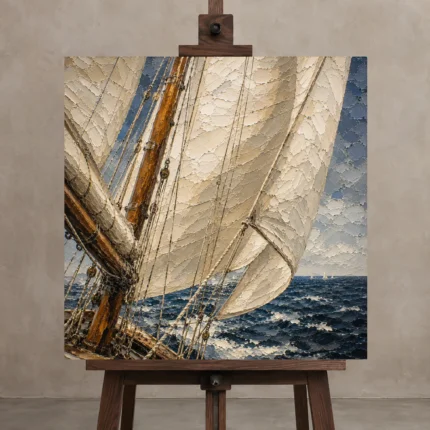 Ivory Sail Detail Nautical Wall Art Canvas Print displayed on a studio easel