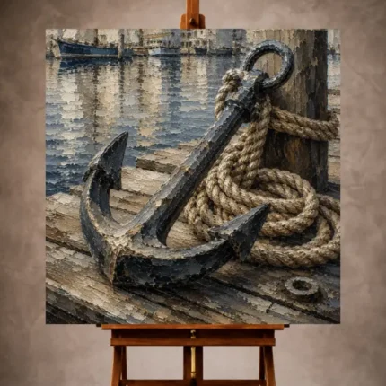 Elegant Nautical Wall Art print featuring a weathered maritime anchor, braided rope, and calm harbor reflections on textured wooden dock planks for refined coastal interiors