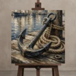 Weathered Harbor Anchor Nautical Wall Art Canvas Print displayed on a studio easel