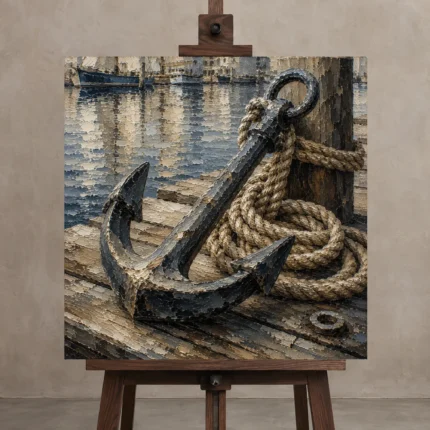 Weathered Harbor Anchor Nautical Wall Art Canvas Print displayed on a studio easel