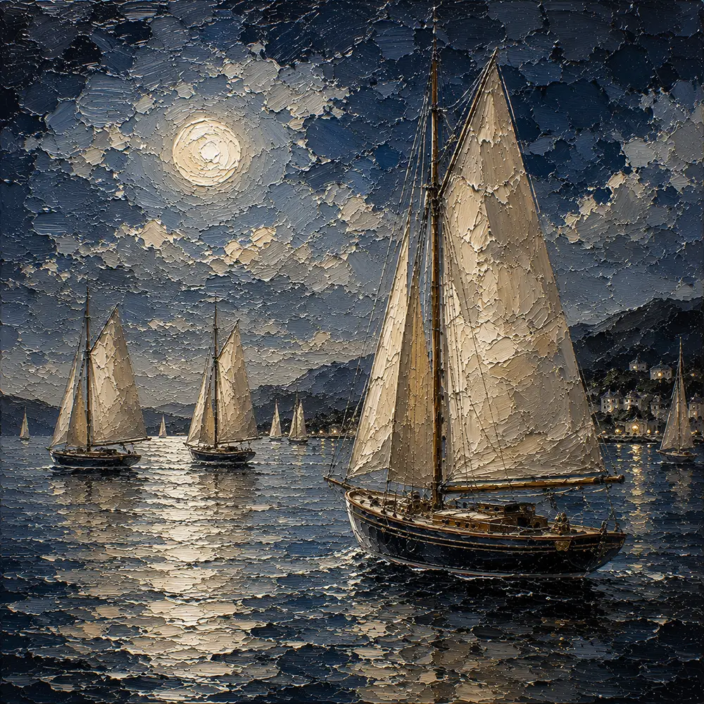 Moonlit Sailing Yachts Nautical Wall Art Canvas Print