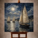 Elegant Nautical Wall Art print featuring classic sailing yachts beneath a moonlit sky with shimmering reflections across calm evening waters for refined coastal interiors