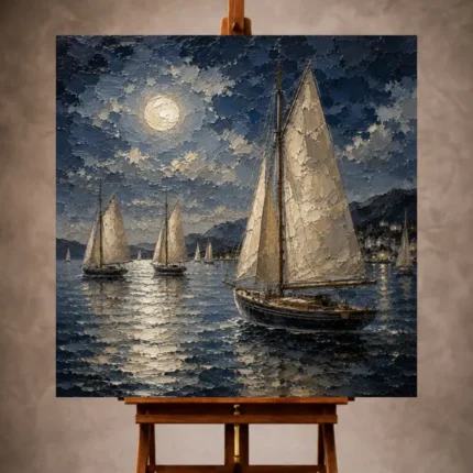 Elegant Nautical Wall Art print featuring classic sailing yachts beneath a moonlit sky with shimmering reflections across calm evening waters for refined coastal interiors