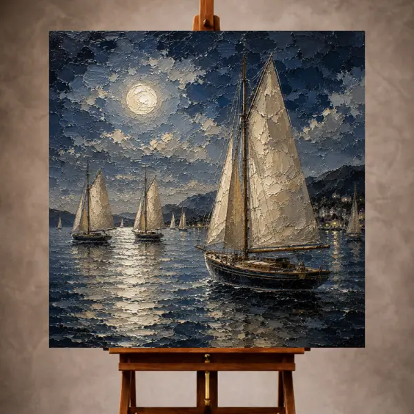 Premium Wall Art Kare Html Edition – SEAWALL065 Image 1 Elegant Nautical Wall Art print featuring classic sailing yachts beneath a moonlit sky with shimmering reflections across calm evening waters for refined coastal interiors