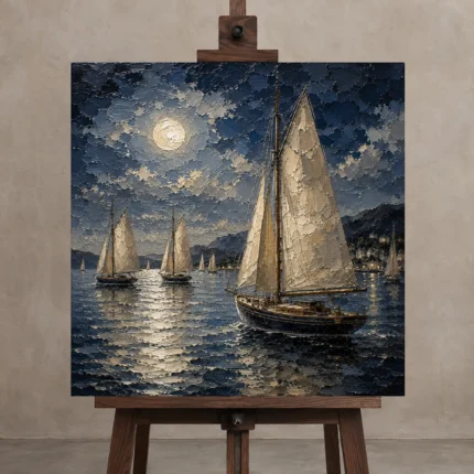 Moonlit Sailing Yachts Nautical Wall Art Canvas Print displayed on a studio easel