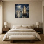 Moonlit Sailing Yachts Nautical Wall Art Canvas Print showcased in an elegant minimalist interior
