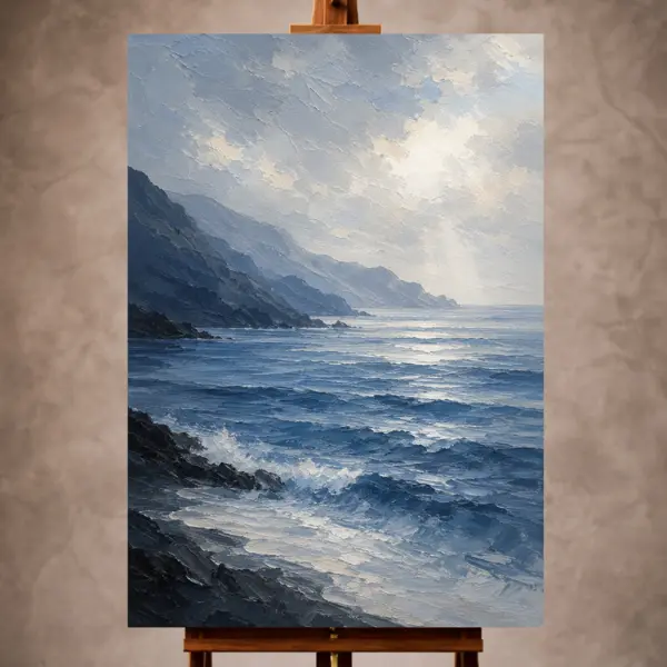 Premium Wall Art Dikey Html Edition – SEAWALL066 Image 1 Serene blue Sea Wall Art print featuring layered coastal waves and distant rocky headlands for elegant interiors