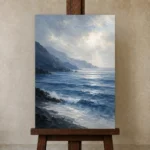 Serene Blue Seascape Sea Wall Art Canvas Print displayed on a studio easel