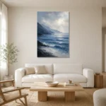 Serene Blue Seascape Sea Wall Art Canvas Print styled in a refined neutral interior