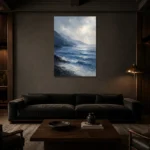 Serene Blue Seascape Sea Wall Art Canvas Print shown in a warm modern interior
