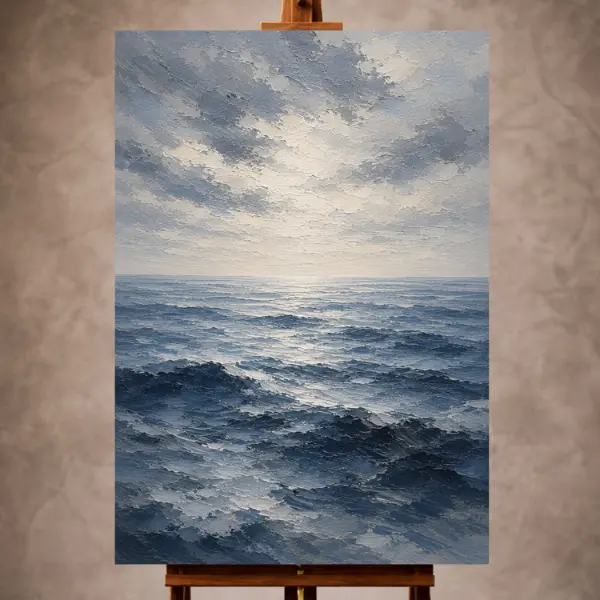 Premium Wall Art Dikey Html Edition – SEAWALL067 Image 1 Tranquil blue Sea Wall Art print featuring expansive ocean waves beneath a luminous ivory horizon for elegant interiors