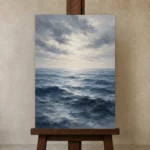 Tranquil Blue Seascape Sea Wall Art Canvas Print displayed on a studio easel