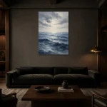 Tranquil Blue Seascape Sea Wall Art Canvas Print shown in a warm modern interior