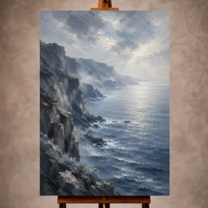Elegant Sea Wall Art print featuring dramatic coastal cliffs overlooking calm blue-gray waters with soft ocean mist for sophisticated interiors